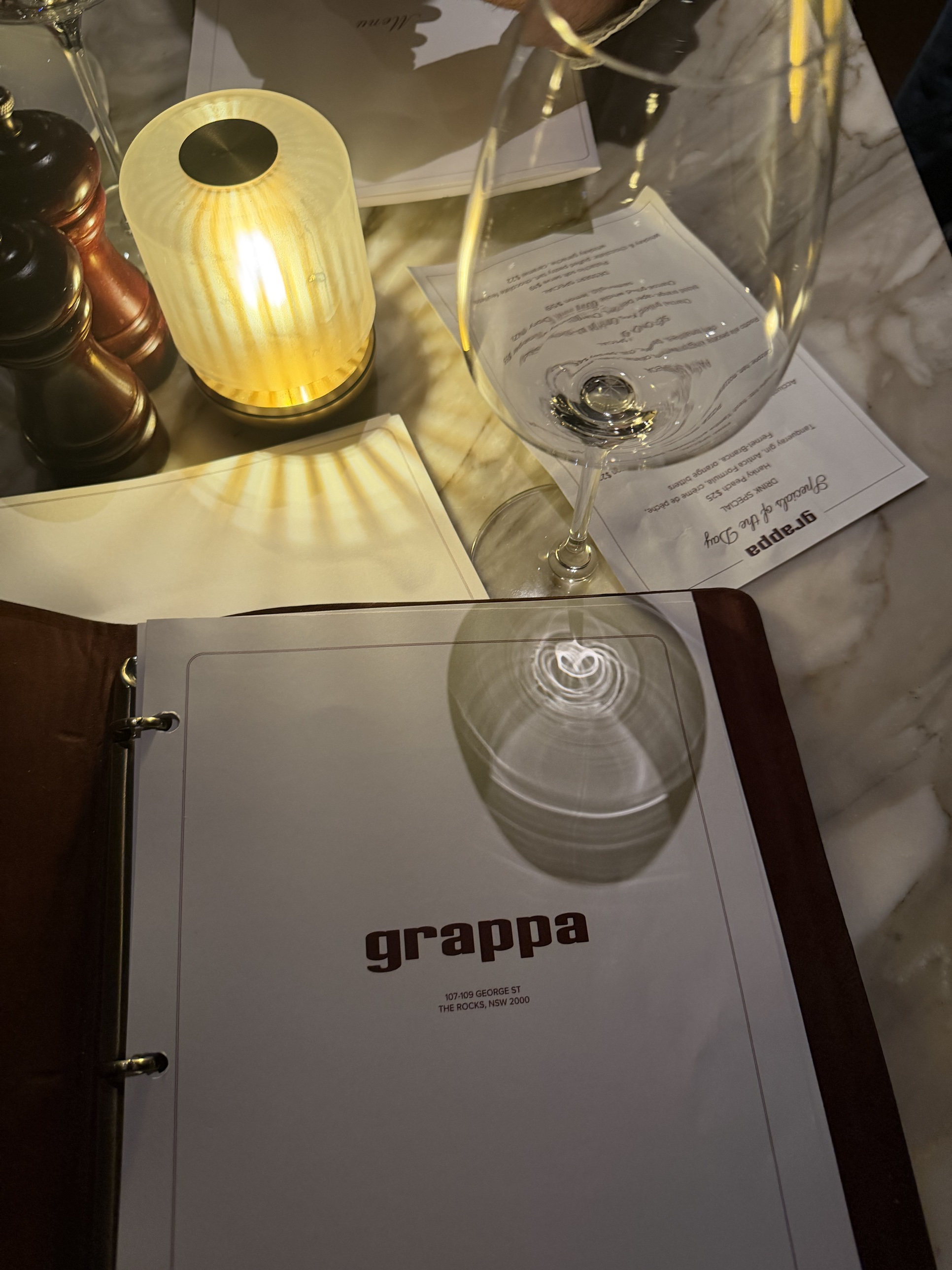 Grappa menu cover, 107-109 George St, The Rocks
